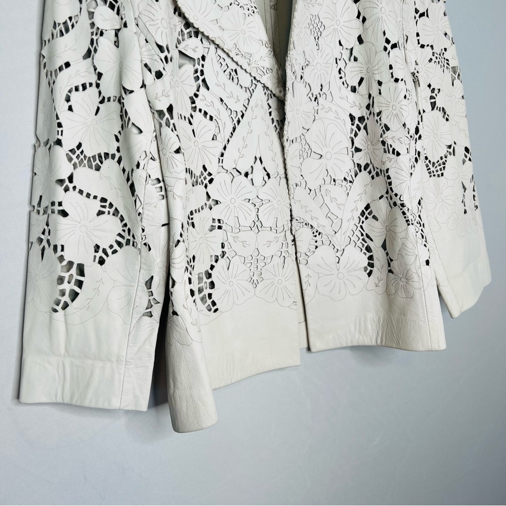 Anne Klein White Laser-Cut Floral Leather Jacket - Picture 6 of 11